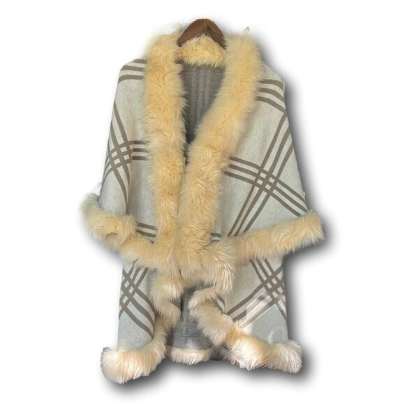 Vintage Jackets & Blazers - Cozy & Elegant Chic Plaid Faux Fur Trim Cape Shawl – Winter Fashion
